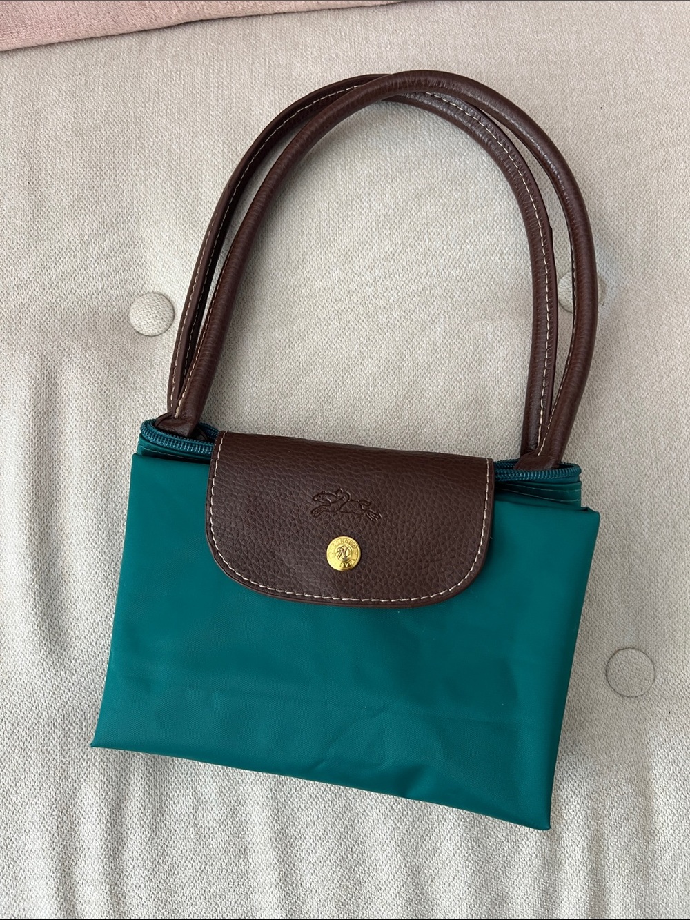 Longchanp Teal tote Bag with Brown Leather Flap